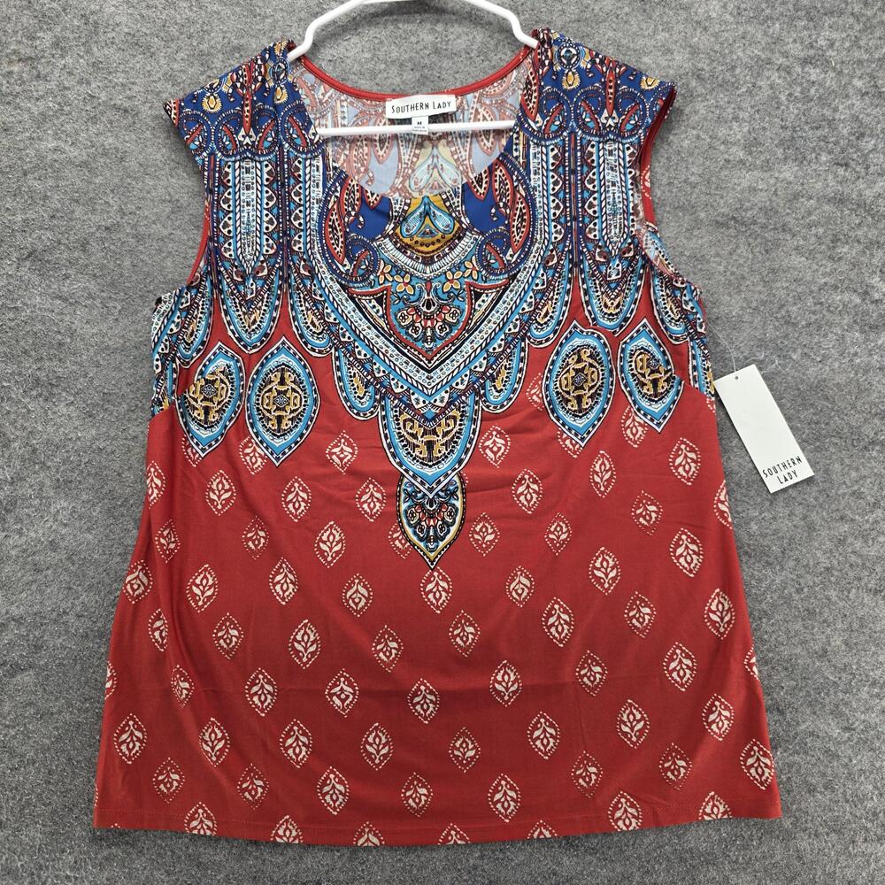 Southern Lady Tank Womens M Red Paisley Round Neck Sleeveless Polyester Spandex
